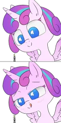 Size: 1000x2000 | Tagged: suggestive, artist:happy harvey, derpibooru import, princess flurry heart, oc, oc:anon, alicorn, human, pony, 2 panel comic, age difference, bedroom eyes, blushing, colored pupils, colored wings, comic, drawn on phone, ear fluff, exclamation point, female, filly, foal, image, larger female, licking, licking lips, macro, male, micro, png, size difference, smaller male, spread wings, this will not end well, tongue out, two toned wings, wingboner, wings