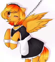 Size: 1920x2176 | Tagged: safe, artist:pledus, derpibooru import, oc, unofficial characters only, pegasus, pony, blushing, chains, clothes, collar, female, image, leash, maid, one eye closed, pegasus oc, pet play, png, solo, wings