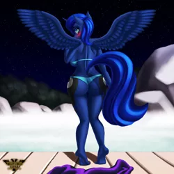 Size: 7680x7680 | Tagged: suggestive, artist:tsaritsaluna, derpibooru import, princess luna, alicorn, anthro, pony, bikini, clothes, female, fog, hot springs, image, looking at you, mare, night, png, solo, solo female, stars, stone, swimsuit, towel, water, wings