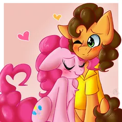 Size: 2000x2000 | Tagged: safe, artist:yoshiyoshi700, derpibooru import, cheese sandwich, pinkie pie, earth pony, pony, blushing, cheesepie, chest fluff, cute, diacheeses, diapinkes, eyes closed, februpony, female, heart, high res, image, male, mare, one eye closed, png, shipping, stallion, straight