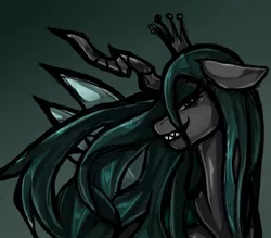Size: 1543x1350 | Tagged: safe, artist:kyouman1010, derpibooru import, queen chrysalis, changeling, changeling queen, bust, crown, female, gradient background, grin, image, jewelry, jpeg, looking at you, regalia, sharp teeth, side view, smiling, solo, teeth