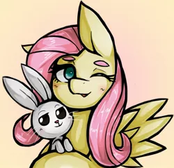 Size: 1592x1543 | Tagged: safe, artist:kyouman1010, derpibooru import, fluttershy, pegasus, pony, rabbit, animal, bust, duo, female, gradient background, image, jpeg, looking at you, mare, one ear down, one eye closed, wink, winking at you