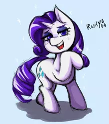 Size: 1350x1543 | Tagged: safe, artist:kyouman1010, derpibooru import, rarity, pony, unicorn, female, image, jpeg, lidded eyes, looking at you, mare, noblewoman's laugh, open mouth, open smile, raised hoof, simple background, smiling, solo, sparkles, white background