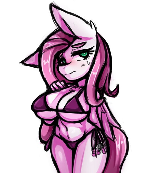 Size: 1350x1543 | Tagged: suggestive, artist:kyouman1010, derpibooru import, pinkie pie, anthro, big breasts, bikini, bikini bottom, bikini top, breasts, clothes, female, image, jpeg, looking at you, one ear down, pinkamena diane pie, simple background, solo, solo female, sweat, sweatdrop, swimsuit, white background