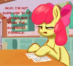 Size: 2048x1857 | Tagged: safe, artist:dummyhorse, derpibooru import, apple bloom, earth pony, pony, apple bloom is not amused, bust, dialogue, education, female, filly, foal, image, jpeg, lidded eyes, open mouth, paper, sitting, solo, table, taxes, three quarter view, unamused