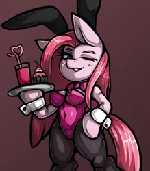 Size: 1350x1543 | Tagged: suggestive, artist:kyouman1010, derpibooru import, pinkie pie, earth pony, pony, semi-anthro, bipedal, bunny ears, bunny suit, clothes, cupcake, drink, drinking straw, female, food, image, jpeg, looking at you, mare, one ear down, one eye closed, pinkamena diane pie, plate, playboy bunny, solo, wink, winking at you