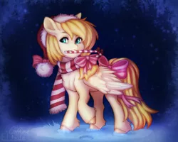 Size: 2000x1600 | Tagged: safe, artist:coffune, artist:eltaile, derpibooru import, pegasus, pony, bowtie, candy, candy cane, christmas, clothes, collaboration, commission, cute, equine, female, food, hat, holiday, image, mare, outdoors, png, santa hat, scarf, snow, solo, winter, your character here