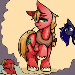 Size: 1543x1543 | Tagged: safe, artist:kyouman1010, derpibooru import, big macintosh, princess luna, alicorn, earth pony, pony, bed, dream, duo, female, freckles, hay stalk, image, jpeg, looking at someone, looking at you, macareina, male, mare, rule 63, sleeping, sparkles, stallion, thought bubble, wide eyes
