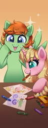 Size: 1440x3780 | Tagged: safe, artist:confetticakez, derpibooru import, oc, oc:barley tender, oc:caramel malt, unofficial characters only, pegasus, pony, unicorn, blushing, convention mascot, crayon, crayon drawing, crayons, drawing, duo, female, happy, image, male, mare, mascot, mouth hold, png, sparkles, spread wings, stallion, surprised, traditional art, wings