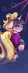 Size: 1440x3780 | Tagged: safe, artist:confetticakez, derpibooru import, coloratura, neon lights, rising star, oc, oc:caramel malt, unofficial characters only, pony, unicorn, clothes, convention, convention mascot, cosplay, costume, countess coloratura, female, floppy ears, image, looking back, mare, mascot, one eye closed, png, ponyville ciderfest, raised hoof, smoke, solo, stars, underhoof, veil, wink