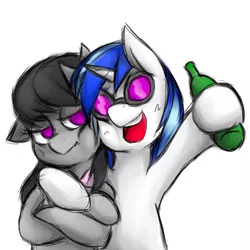 Size: 1654x1654 | Tagged: safe, artist:kyouman1010, derpibooru import, octavia melody, vinyl scratch, earth pony, pony, unicorn, alcohol, bust, crossed hooves, drink, duo, female, glasses, image, jpeg, mare, octavia is not amused, open mouth, open smile, simple background, smiling, unamused, vinyl's glasses, white background
