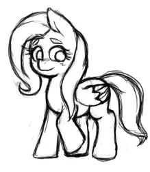 Size: 1157x1323 | Tagged: safe, artist:kyouman1010, derpibooru import, fluttershy, pegasus, pony, female, folded wings, full body, hooves, image, jpeg, looking at something, mare, monochrome, simple background, solo, standing, tail, white background, wings