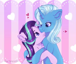 Size: 1843x1538 | Tagged: safe, artist:kadzumiisayu, derpibooru import, starlight glimmer, trixie, pony, unicorn, commission, cute, diatrixes, duo, female, glimmerbetes, heart, holiday, hug, image, jpeg, lesbian, mare, one eye closed, shipping, startrix, valentine's day, wink, ych example, your character here