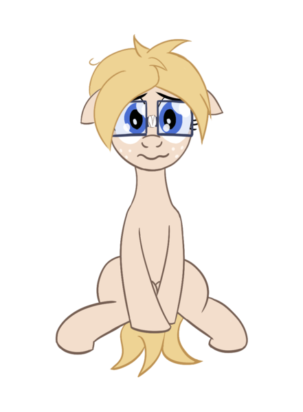 Size: 939x1277 | Tagged: safe, artist:hotkinkajou, ponerpics import, oc, oc:cut n. paste, unofficial characters only, earth pony, pony, fanfic:the long and short of it, digital art, female, freckles, glasses, image, mare, nervous, png, ponerpics community collab 2022, shy, simple background, sitting, solo, transparent background