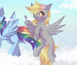 Size: 1478x1239 | Tagged: safe, artist:kadzumiisayu, derpibooru import, derpy hooves, rainbow dash, pegasus, pony, blushing, chest fluff, cloud, commission, cute, derpabetes, female, flying, image, jpeg, mare, open mouth, sky, solo focus, ych example, your character here