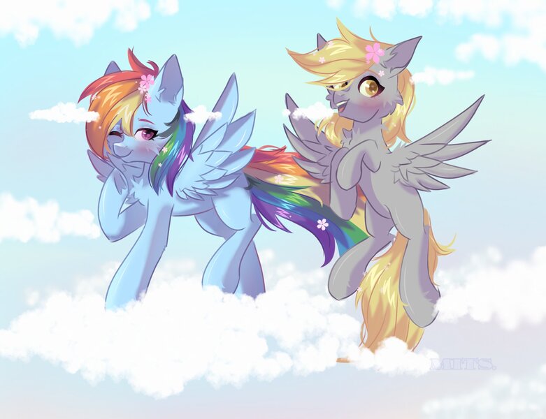 Size: 2091x1606 | Tagged: safe, artist:kadzumiisayu, derpibooru import, derpy hooves, rainbow dash, pegasus, pony, blushing, chest fluff, cloud, cute, dashabetes, derpabetes, duo, female, flying, image, jpeg, mare, one eye closed, open mouth, raised hoof, raised leg, sky, wink