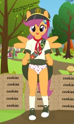 Size: 2159x3588 | Tagged: suggestive, artist:tolpain, banned from derpibooru, ponybooru import, scootaloo, anthro, pegasus, plantigrade anthro, clothes, dialogue, female, filly scouts, flower pattern underwear, flower print underwear, girly, image, lolicon, panties, panty shot, png, scout, scout uniform, skirt, skirt lift, solo, underage, underwear, white underwear