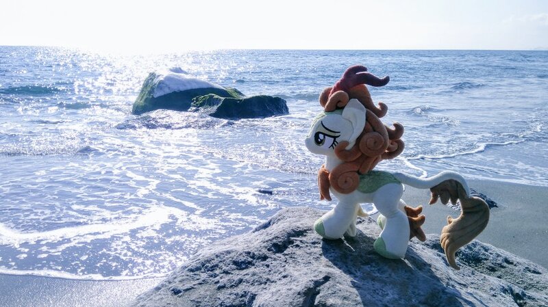 Size: 1024x575 | Tagged: safe, derpibooru import, photographer:pakapaka1993, autumn blaze, kirin, beach, image, irl, japan, jpeg, ocean, photo, plushie, rock, solo, water