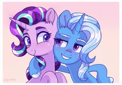 Size: 2252x1565 | Tagged: safe, artist:skysorbett_art, derpibooru import, starlight glimmer, trixie, pony, unicorn, bedroom eyes, blushing, cute, diatrixes, duo, female, glimmerbetes, grin, hug, image, jpeg, lesbian, looking at each other, looking at someone, mare, pink background, shipping, simple background, smiling, startrix, unshorn fetlocks