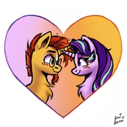 Size: 2000x2000 | Tagged: safe, artist:amy-gamy, derpibooru import, starlight glimmer, sunburst, pony, unicorn, bust, female, heart, holiday, image, jpeg, looking at each other, looking at someone, male, shipping, starburst, straight, valentine's day