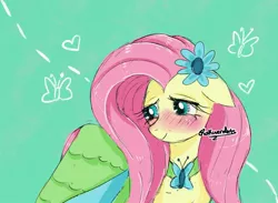 Size: 1039x760 | Tagged: safe, artist:rakuenarts, derpibooru import, fluttershy, pegasus, pony, blushing, clothes, cute, dress, floppy ears, flower, flower in hair, gala dress, green background, image, jpeg, shyabetes, simple background, solo