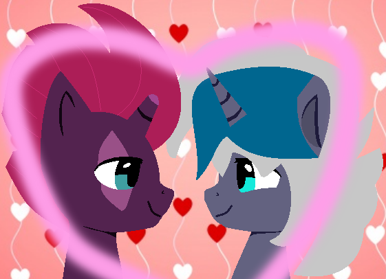 Size: 561x406 | Tagged: safe, artist:jadeharmony, artist:swaggykittycat, derpibooru import, fizzlepop berrytwist, tempest shadow, oc, oc:elizabat stormfeather, alicorn, bat pony, bat pony alicorn, pony, unicorn, alicorn oc, base used, bat pony oc, bat wings, broken horn, canon x oc, cute, duo, eye scar, female, heart, holiday, horn, image, lesbian, looking at each other, looking at someone, mare, png, scar, shipping, stormshadow, tempestbetes, valentine's day, wings