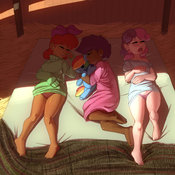 Size: 5000x5000 | Tagged: questionable, alternate version, artist:kevinsano, banned from derpibooru, part of a set, apple bloom, rainbow dash, scootaloo, sweetie belle, human, barefoot, barn, blanket, bottomless, breasts, clothes, cutie mark crusaders, dark, dark skin, delicious flat chest, diversity, eyes closed, feet, female, flatie belle, freckles, hay, hug, humanized, image, jpeg, light skin, moderate dark skin, nightgown, on back, open mouth, panties, partial nudity, plushie, side, sleeping, sweater dress, underwear, young