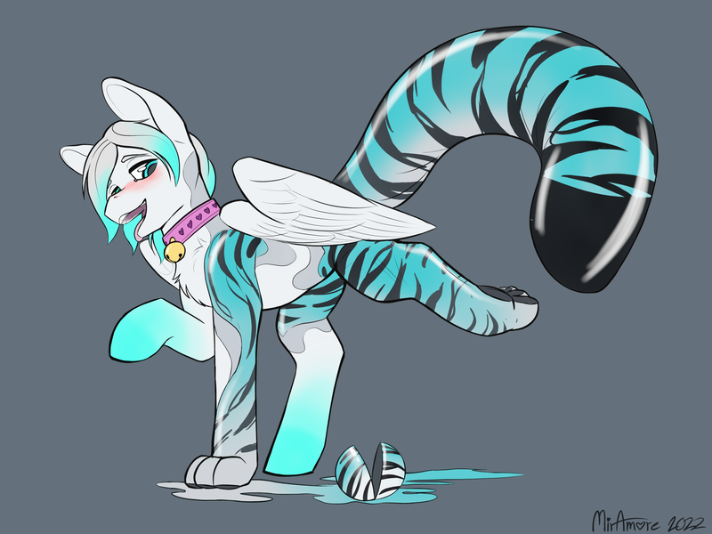 Size: 3000x2250 | Tagged: suggestive, artist:miramore, derpibooru import, oc, oc:cold front, unofficial characters only, big cat, goo, tiger, 2022, bell, bell collar, blue eyes, blushing, bondage, collar, encasement, female, green eyes, heart, heterochromia, image, latex, looking pleasured, open mouth, png, raised hoof, raised leg, simple background, solo, solo female, stripes, tail, tongue out, transformation, wings