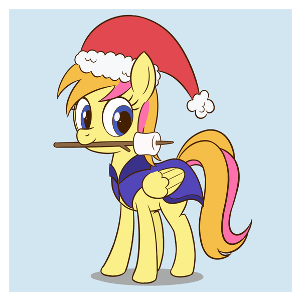 Size: 1650x1650 | Tagged: safe, artist:sazanamibd, derpibooru import, oc, unofficial characters only, pegasus, pony, christmas, clothes, female, food, hat, holiday, image, mare, marshmallow, pegasus oc, png, santa hat, simple background, solo, stick, wings