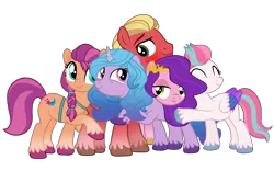 Size: 2524x1572 | Tagged: safe, artist:rozyfly10, derpibooru import, izzy moonbow, pipp petals, sprout cloverleaf, sunny starscout, zipp storm, earth pony, pegasus, pony, unicorn, my little pony: a new generation, blushing, cute, eyes closed, female, g5, hug, image, looking at each other, looking at someone, male, mare, png, simple background, smiling, stallion