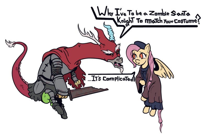 Size: 4026x2615 | Tagged: safe, anonymous artist, derpibooru import, discord, fluttershy, draconequus, pegasus, pony, armor, cape, clothes, costume, dark souls, dark souls 3, dialogue, dress, image, png, simple background, sword, transparent background, weapon