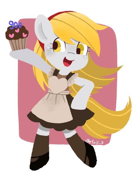Size: 1536x2048 | Tagged: safe, artist:efuji_d, derpibooru import, derpy hooves, pegasus, pony, apron, bipedal, clothes, cute, derpabetes, dress, female, food, hoof on hip, image, jpeg, mare, muffin, open mouth, open smile, shoes, smiling, socks, solo