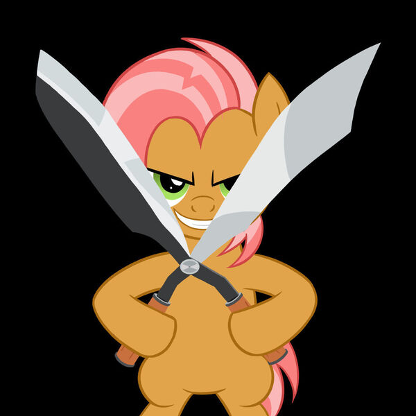 Size: 1024x1024 | Tagged: safe, artist:sazanamibd, derpibooru import, babs seed, earth pony, pony, bipedal, black background, female, filly, foal, grin, gritted teeth, image, jpeg, looking at you, scissors, simple background, smiling, solo