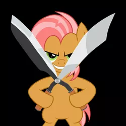 Size: 1024x1024 | Tagged: safe, artist:sazanamibd, derpibooru import, babs seed, earth pony, pony, bipedal, black background, female, filly, foal, grin, gritted teeth, image, jpeg, looking at you, scissors, simple background, smiling, solo