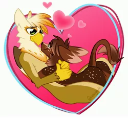 Size: 4096x3785 | Tagged: safe, artist:noxy, derpibooru import, oc, oc:cocoa (gindo), oc:ember burd, unofficial characters only, gryphon, beak, butt, eared griffon, gindo, griffon oc, heart, holiday, hug, image, jpeg, snuggling, tail, valentine's day, wholesome