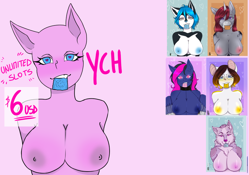 Size: 2893x2039 | Tagged: questionable, artist:natt333, derpibooru import, oc, anthro, advertisement, big breasts, breasts, bust, commission, condom, condom in mouth, female, image, mouth hold, nipples, nudity, png, solo, ych example, your character here
