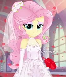 Size: 540x631 | Tagged: safe, artist:fluttershy_art.nurul, derpibooru import, fluttershy, equestria girls, beautiful, clothes, cute, dress, eyeshadow, female, flower, flower in hair, green eyes, hairstyle, image, jpeg, makeup, marriage, pink hair, rose, wedding, wedding dress