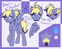 Size: 2500x2000 | Tagged: safe, artist:fuzzystarart, derpibooru import, oc, oc:star hunter, unofficial characters only, pegasus, pony, blue eyes, cutie mark, female, freckles, hairpin, image, mare, png, ponytail, reference sheet, smiling, text, wings
