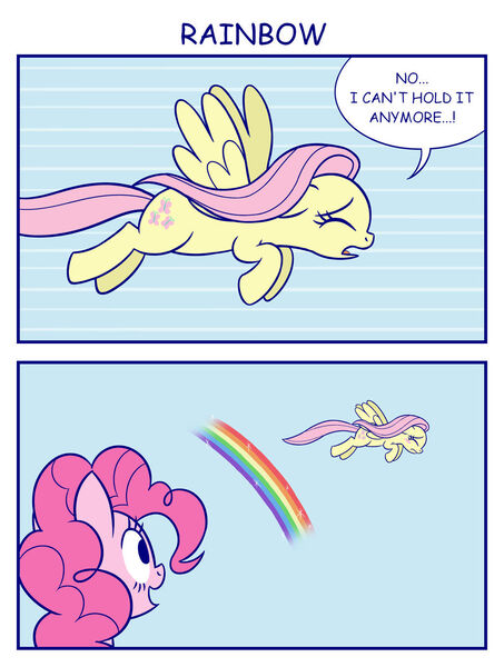 Size: 1024x1357 | Tagged: safe, artist:sazanamibd, derpibooru import, fluttershy, pinkie pie, earth pony, pegasus, pony, 2 panel comic, comic, duo, eyes closed, female, flying, image, implied urine, jpeg, looking at something, mare, open mouth, rainbow, sparkles, speech bubble