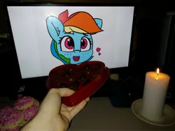Size: 4160x3120 | Tagged: safe, artist:pabbley, derpibooru import, edit, rainbow dash, human, pegasus, pony, /mlp/, 30 minute art challenge, 4chan, blushing, candle, chocolate, computer, cookie, cute, dashabetes, date, female, food, happy, heart, image, jpeg, looking at you, mare, open mouth, sitting, table, waifu dinner