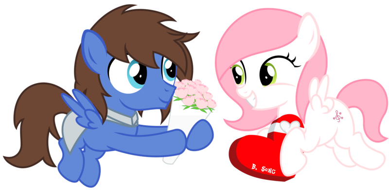 Size: 6430x3140 | Tagged: safe, artist:strategypony, derpibooru import, oc, oc:bizarre song, oc:sugar morning, unofficial characters only, pegasus, pony, bouquet, bouquet of flowers, box of chocolates, colt, couple, cute, daaaaaaaaaaaw, duo, female, filly, flower, flying, foal, hearts and hooves day, holiday, image, looking at you, male, oc x oc, ocbetes, pegasus oc, png, shipping, simple background, straight, sugarre, transparent background, valentine's day, wholesome, wings