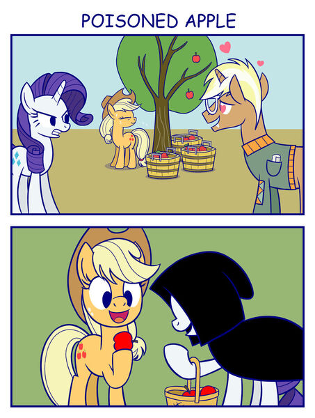 Size: 1024x1357 | Tagged: safe, artist:sazanamibd, derpibooru import, applejack, rarity, trenderhoof, earth pony, pony, unicorn, 2 panel comic, apple, apple tree, basket, clothes, comic, drool, female, food, gritted teeth, heart, heart eyes, hood, image, implied death, jealous, jpeg, looking at someone, looking at something, male, mare, open mouth, open smile, reference, smiling, snow white, snow white and the seven dwarfs, stallion, sweat, tree, trio, wingding eyes