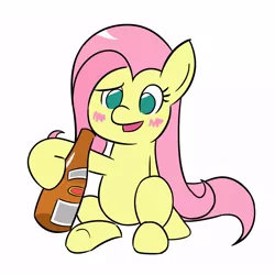 Size: 1000x1000 | Tagged: safe, artist:sazanamibd, derpibooru import, fluttershy, pegasus, pony, alcohol, blushing, bottle, confused, drink, drunk, drunkershy, female, image, jpeg, looking at you, mare, open mouth, simple background, sitting, solo, white background