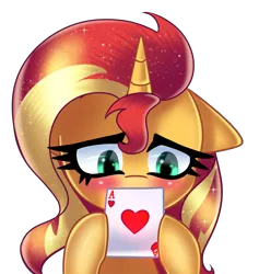 Size: 3600x3800 | Tagged: safe, artist:opal_radiance, derpibooru import, sunset shimmer, pony, unicorn, blushing, card, commission, cute, day, heart, holiday, image, playing card, png, poker, shimmer, shimmerbetes, simple background, solo, sunset, transparent background, valentine, valentine's day, ych result