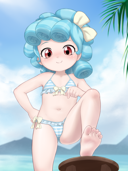 Size: 2673x3556 | Tagged: suggestive, alternate version, artist:pestil, banned from derpibooru, cozy glow, human, barefoot, belly button, bikini, blushing, bow, bra, breasts, child, clothes, cozybetes, curly hair, cute, delicious flat chest, feet, female, freckles, frills, golly loli, hair bow, humanized, image, lolicon, looking at you, panties, png, smiling, solo, solo female, swimsuit, underage, underwear, young