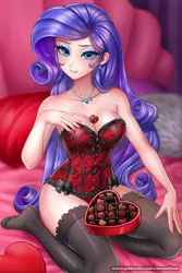 Size: 900x1350 | Tagged: suggestive, artist:racoonsan, derpibooru import, rarity, human, beautiful, box of chocolates, breasts, busty rarity, candy, chocolate, cleavage, clothes, female, food, holiday, humanized, image, jpeg, lingerie, lip bite, looking at you, sexy, socks, solo, solo female, stocking feet, stockings, stupid sexy rarity, thigh highs, valentine's day