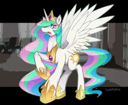 Size: 1800x1473 | Tagged: safe, artist:tyuubatu, derpibooru import, princess celestia, alicorn, pony, crown, female, hoof shoes, image, jewelry, jpeg, mare, open mouth, raised leg, regalia, solo, spread wings, wings, worried