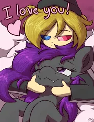Size: 2550x3300 | Tagged: safe, artist:eisky, derpibooru import, oc, oc:eis, oc:fritzy, human, pegasus, pony, blushing, cheek squish, fangs, heart, holiday, human on pony snuggling, image, looking down, looking up, lying down, on back, pillow, png, shipping, simple background, smiling, snuggling, squishy cheeks, valentine's day