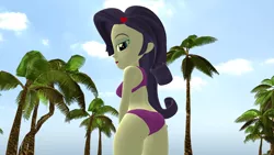 Size: 1920x1080 | Tagged: suggestive, artist:mr.uberrebu25, derpibooru import, rarity, equestria girls, 3d, ass, beach, beach babe, bikini, bikini babe, breasts, busty rarity, butt, clothes, image, looking at you, looking back, looking back at you, palm tree, png, purple swimsuit, rear view, rearity, solo, swimsuit, tree