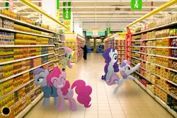 Size: 1500x1000 | Tagged: safe, artist:zombielandundead, derpibooru import, fluttershy, maud pie, pinkie pie, rarity, sweetie belle, earth pony, pegasus, pony, unicorn, 2014, female, filly, foal, hair over one eye, image, irl, jpeg, mare, photo, ponies in real life, shopping, supermarket